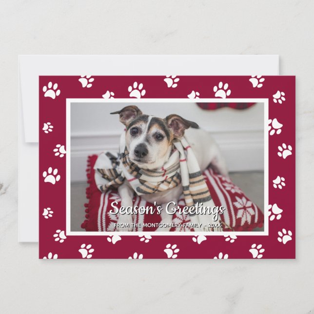 Season's Greetings Red White Paw Prints Dog Photo Holiday Card (Front)