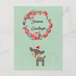 Seasons Greetings Retro Deer with Floral Wreath Holiday Postcard
