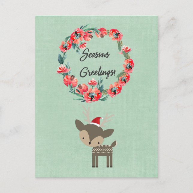 Seasons Greetings Retro Deer with Floral Wreath Holiday Postcard (Front)