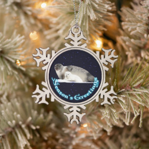 Season's Greetings - Ringed Seal Snowflake Pewter Christmas Ornament
