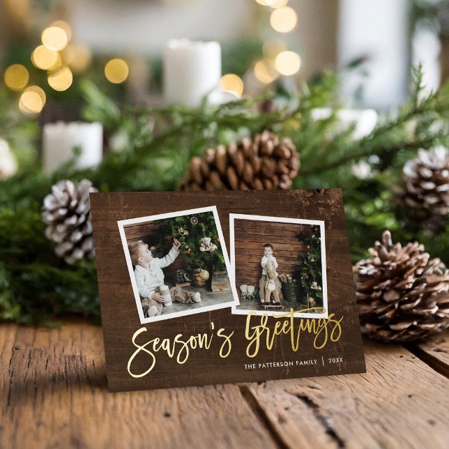 Season's Greetings Rustic Gold Script Photo Foil Holiday Card (Creator Uploaded)