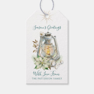 Season's Greetings Rustic Lantern Family Name Gift Tags