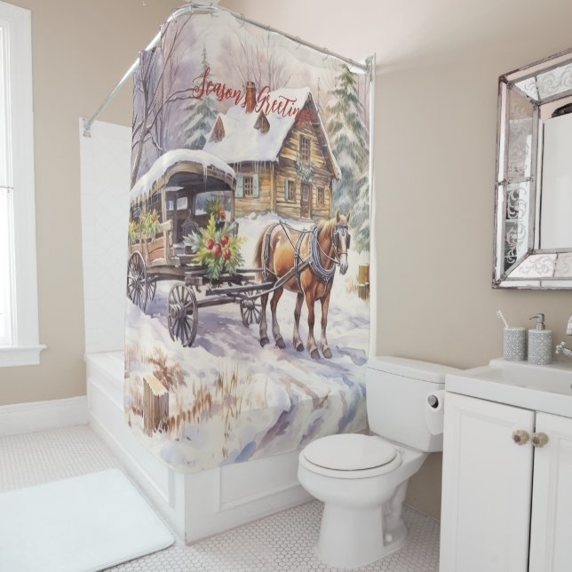 Season's Greetings Rustic Victorian Yard Christmas Shower Curtain (In Situ)
