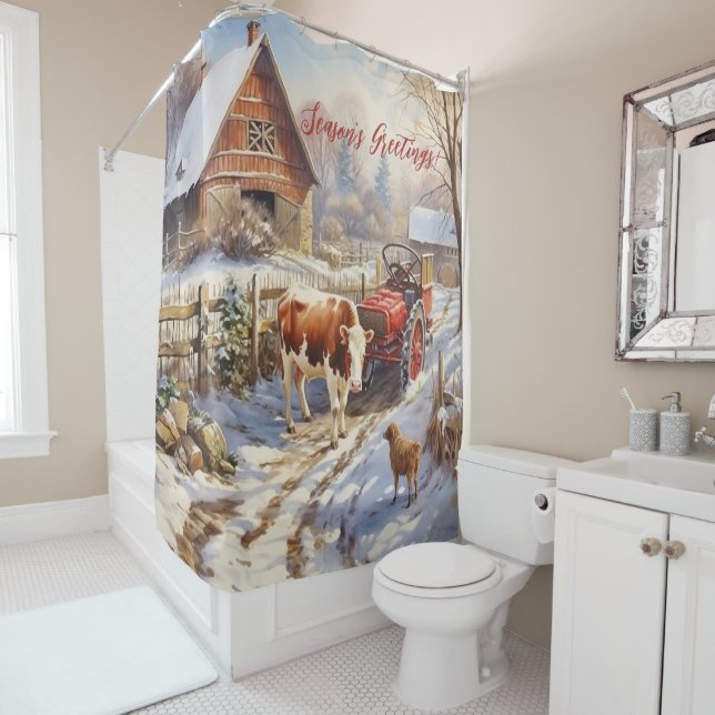 Season's Greetings Rustic Victorian Yard Christmas Shower Curtain (In Situ)