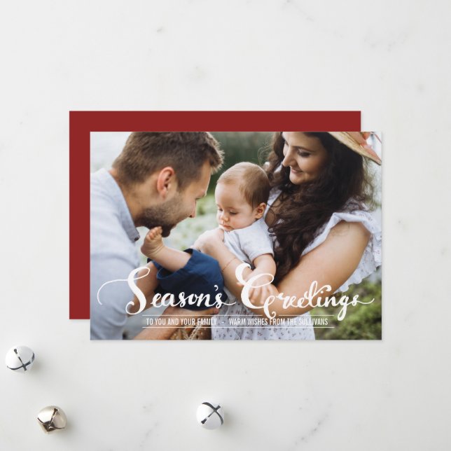 Season's Greetings Script Holiday Photo Flat Card (Front/Back In Situ)