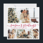 Season's Greetings Script Photo Collage Christmas Holiday Card<br><div class="desc">Elegant Calligraphy Minimalist Red and White 4 Photo Collage "Season's Greetings" Script Christmas Holiday Card. This festive, mimimalist, whimsical four (4) photo holiday card template features a pretty photo collage and says „Season's Greetings”. The text is written in a beautiful hand lettered cursive, swirly swash-tail font type. On the reverse...</div>