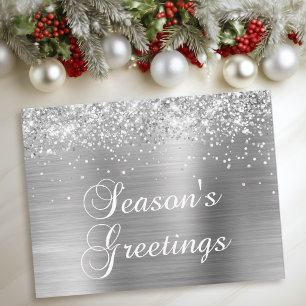 Season's Greetings Silver Glittery Faux Foil Holiday Postcard
