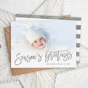 Season's Greetings Silver Script Photo Overlay Holiday Card