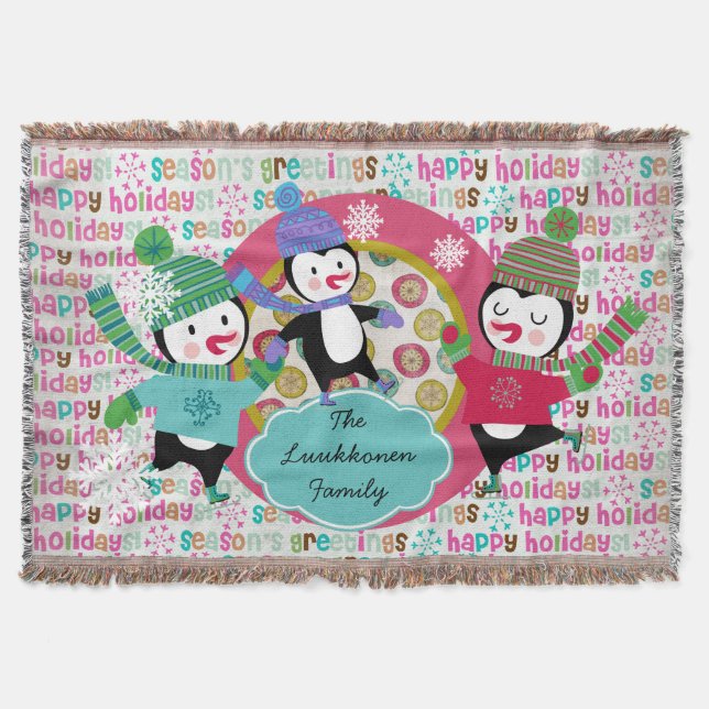 Seasons Greetings Skating Penguins Holiday Throw Blanket (Front)