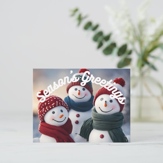 Season's Greetings Smiling Snowmen Postcards (Standing Front)
