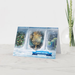 Season's Greetings. Snow Scene with Menorah Holiday Card