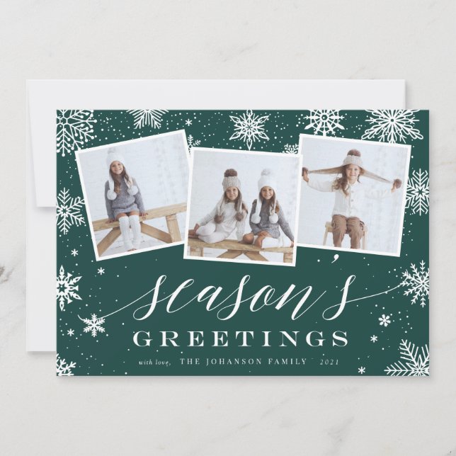Season's Greetings | Snowflake 3 Photo Collage Holiday Card (Front)