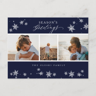 Season's Greetings Snowflake Photo Collage Blue Holiday Postcard