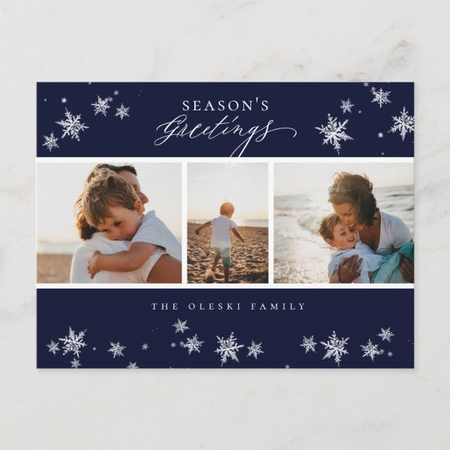Season's Greetings Snowflake Photo Collage Blue Holiday Postcard (Front)