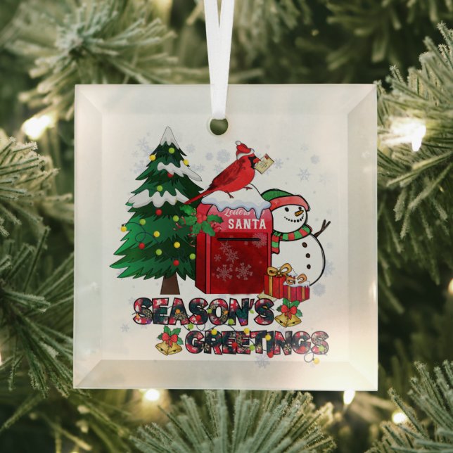 Season's Greetings Snowman Mailbox Cardinal Glass Tree Decoration (Insitu)