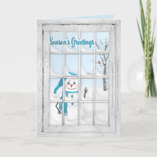 SEASON'S GREETINGS - SNOWMAN THROUGH WINDOW PANES HOLIDAY CARD