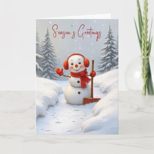 Season's Greetings Snowman with a Red Shovel Card (Front)