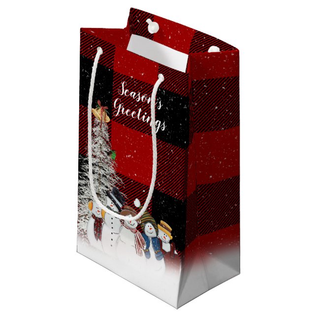 Season's Greetings snowmen on plaid Small Gift Bag (Front Angled)