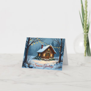 Seasons Greetings snowy cabin Holiday Card