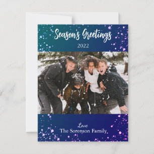 Seasons Greetings Snowy Photo Blue Purple White   Holiday Card