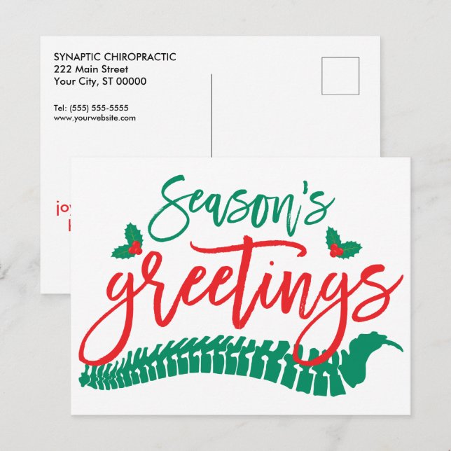 Season's Greetings Spine and Holly Chiropractic Holiday Postcard (Front/Back)