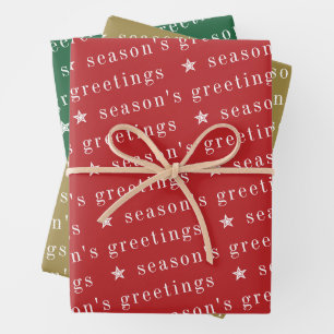 Season's Greetings Star Red Green Gold Christmas Wrapping Paper Sheet