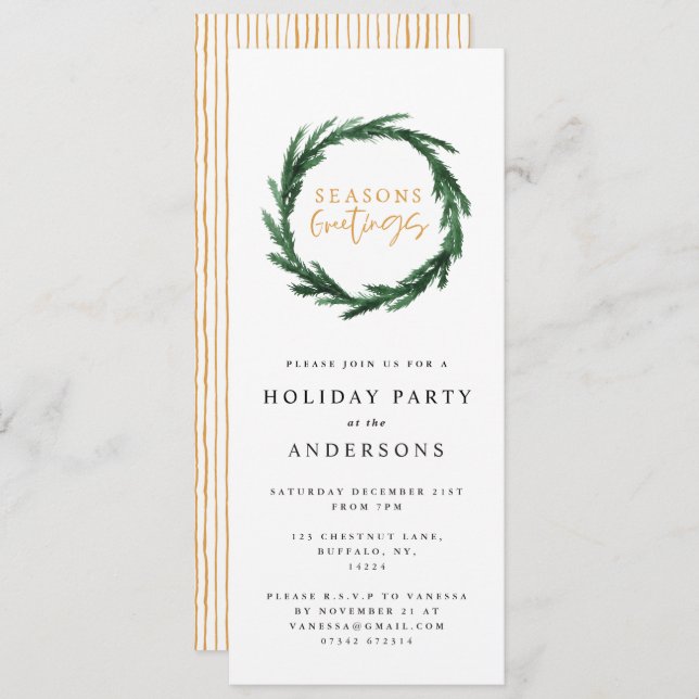 Seasons greetings stripe watercolor wreath holiday invitation (Front/Back)