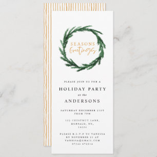 Seasons greetings stripe watercolor wreath holiday invitation