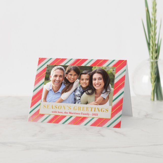 Season's Greetings Striped Photo Christmas Holiday Card (Front)