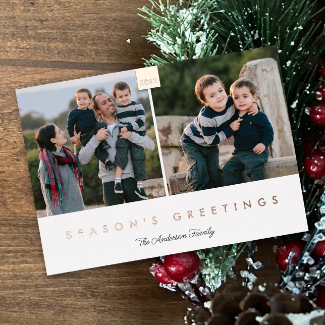 Season's Greetings Stylish Minimal 2 Photo Rose Foil Holiday Card (Creator Uploaded)