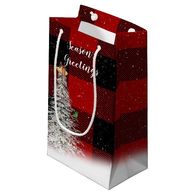 Season's Greetings tree on buffalo plaid Small Gift Bag (Front Angled)
