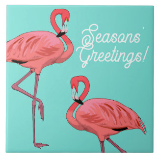 Seasons Greetings Tropical Flamingos Decorative Tile