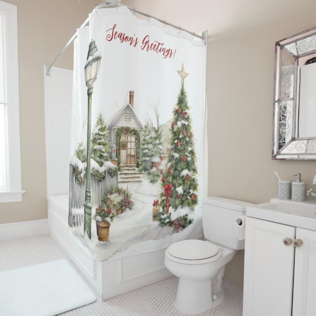 Season's Greetings Victorian Yard Christmas Scene Shower Curtain (In Situ)