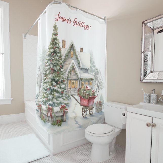 Season's Greetings Victorian Yard Christmas Scene Shower Curtain (In Situ)