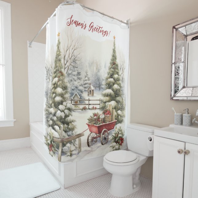 Season's Greetings Victorian Yard Christmas Scene Shower Curtain (In Situ)