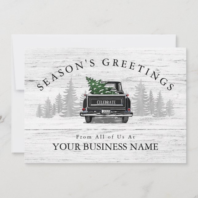 Season's Greetings Vintage Black Truck Business Holiday Card (Front)