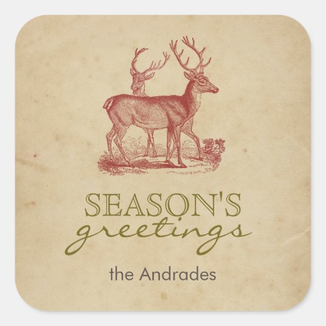 Season's Greetings Vintage Christmas Deer Rustic Square Sticker (Front)