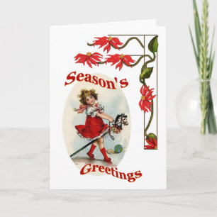 Seasons Greetings Vintage Girl & Poinsettias Holiday Card