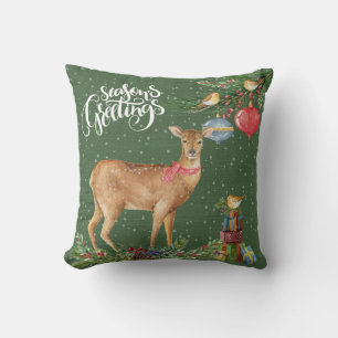 Seasons Greetings Watercolor Deer Winter Scene Cushion
