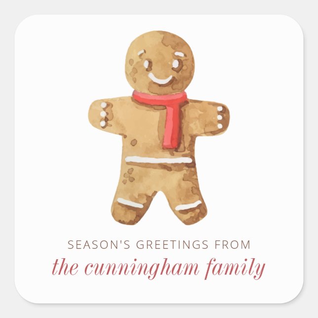 Season's Greetings Watercolor Gingerbread Man Square Sticker (Front)