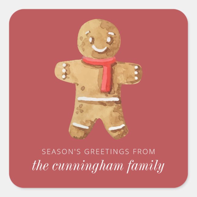 Season's Greetings Watercolor Gingerbread Man Square Sticker (Front)