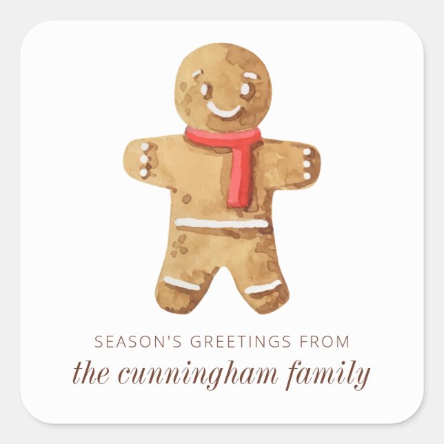 Season's Greetings Watercolor Gingerbread Man Square Sticker (Front)