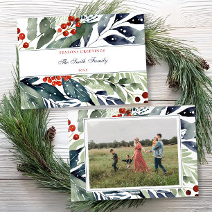 Seasons Greetings Watercolor Greenery Photo Holiday Card