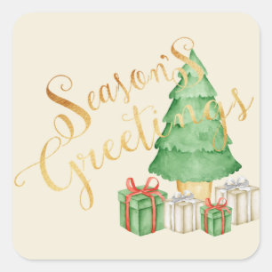 Seasons Greetings Watercolor Holiday Elegant Square Sticker