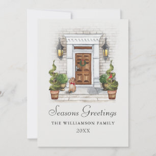 Seasons Greetings Watercolor House and Dog Holiday Card