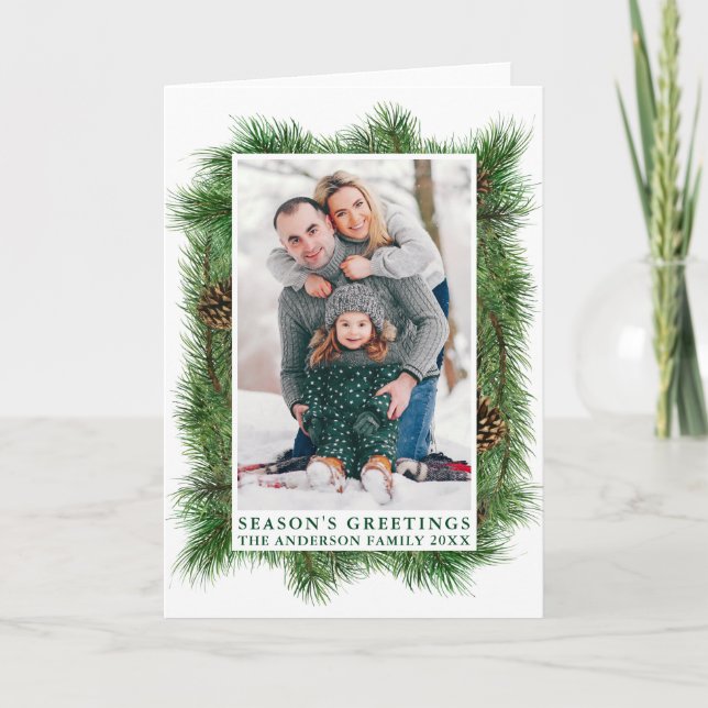Season's Greetings Watercolor Pines Frame Fold Holiday Card (Front)
