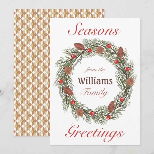Seasons Greetings Watercolor Wreath Christmas Holiday Card (Front/Back)