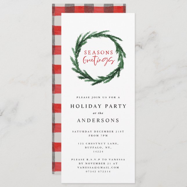Seasons greetings watercolor wreath holiday invitation (Front/Back)