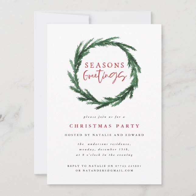 Seasons greetings watercolor wreath party invite (Front)