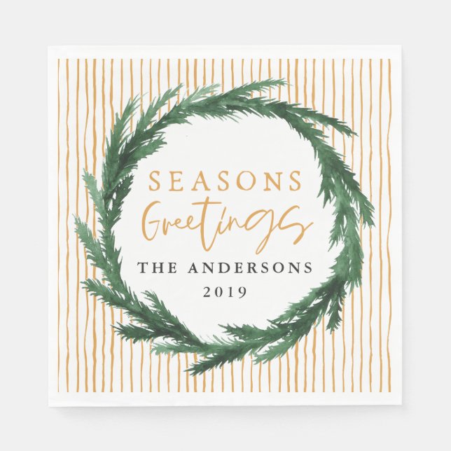 Seasons greetings watercolor wreath stripe yellow napkin (Front)
